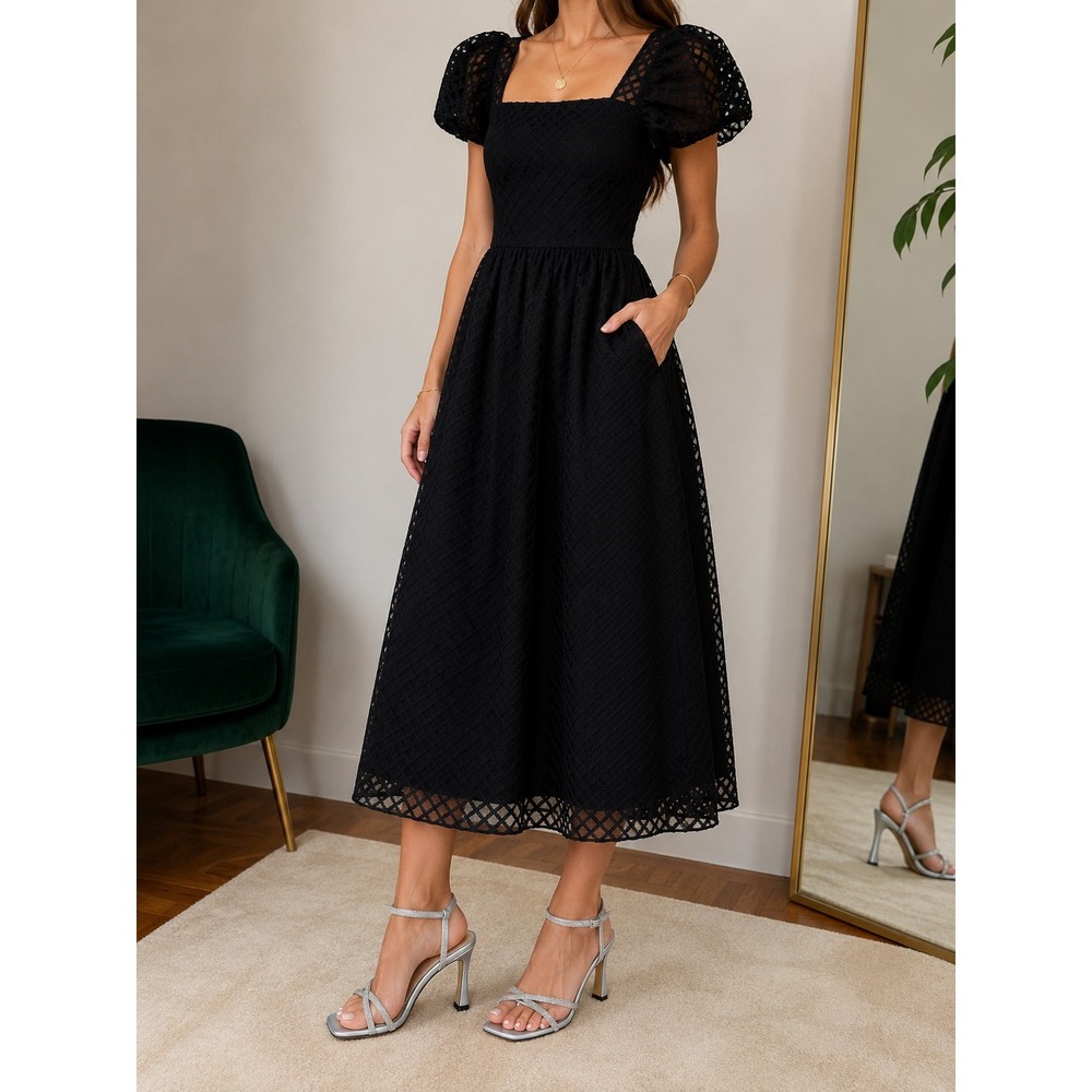 Merlette‎ Midi Dress Women's Size S Black Lattice Silk Puff Sleeve